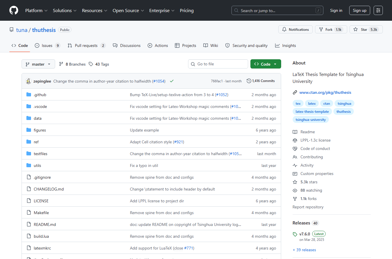ThuThesis GitHub 仓库页面